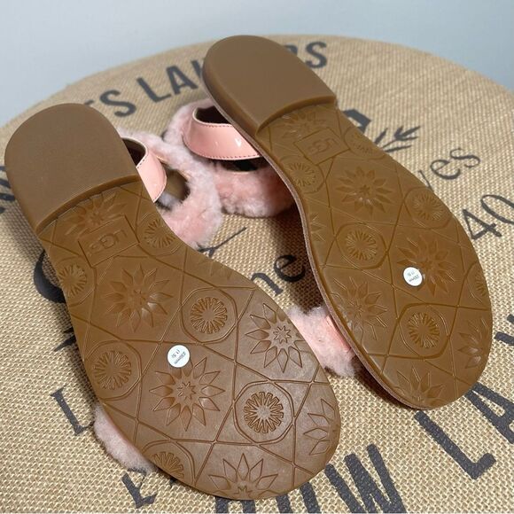 UGG Pink Fluff Springs Patent Ankle Strap fuzzy Faux Fur Open Toe Sandals Size 6 - Picture 7 of 9